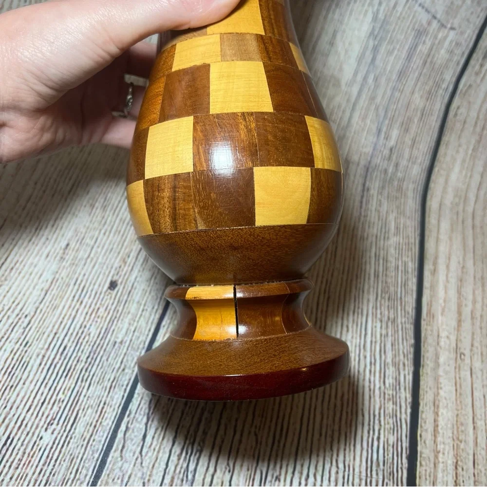 VTG Handcrafted Natural Wood Tones‎ Checkered Vase 9” Segmented Turned Wood Boho